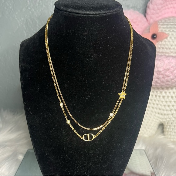 Christian Dior Petit CD Double Necklace Gold Metal Finish and Crystals - Picture 1 of 15